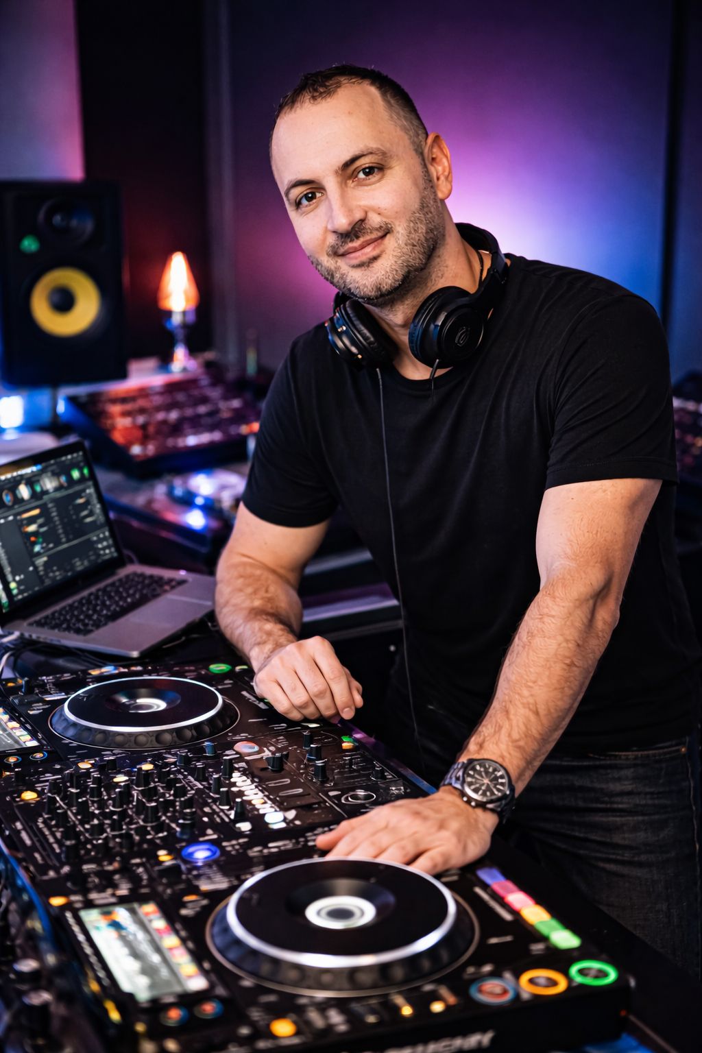 DJ Franky Flow at DJ booth with professional equipment, headphones, and laptop, set in a vibrant studio environment, highlighting expertise in church ceremony music and event DJ services in Los Angeles.