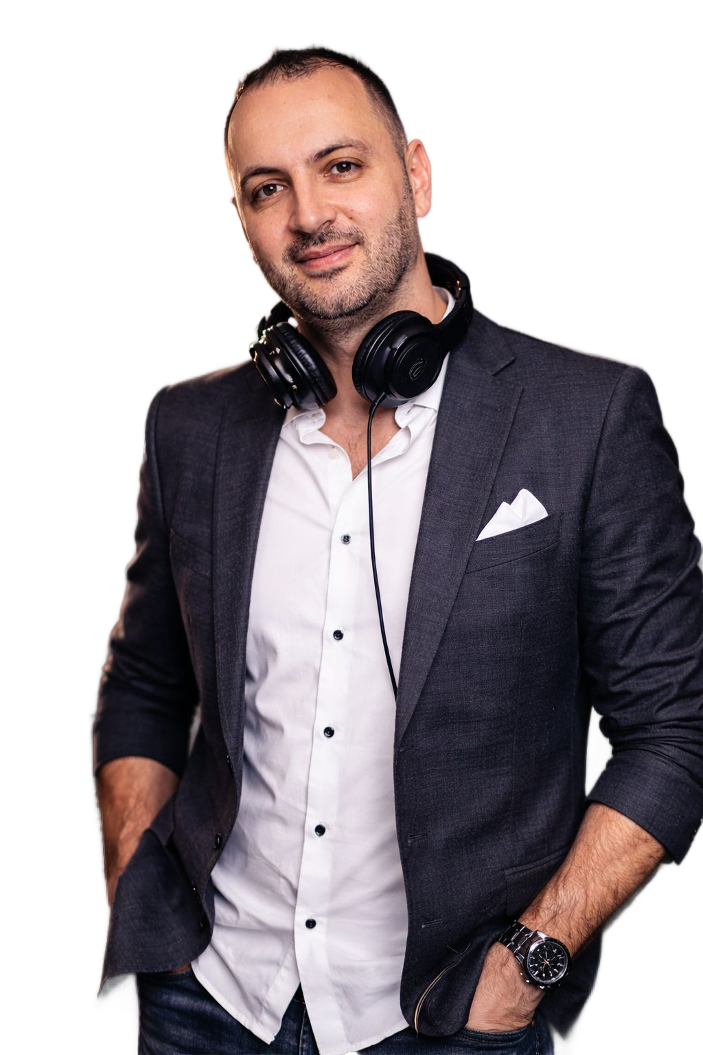 DJ Franky Flow in professional attire with headphones, showcasing expertise in church event DJ services for Los Angeles.