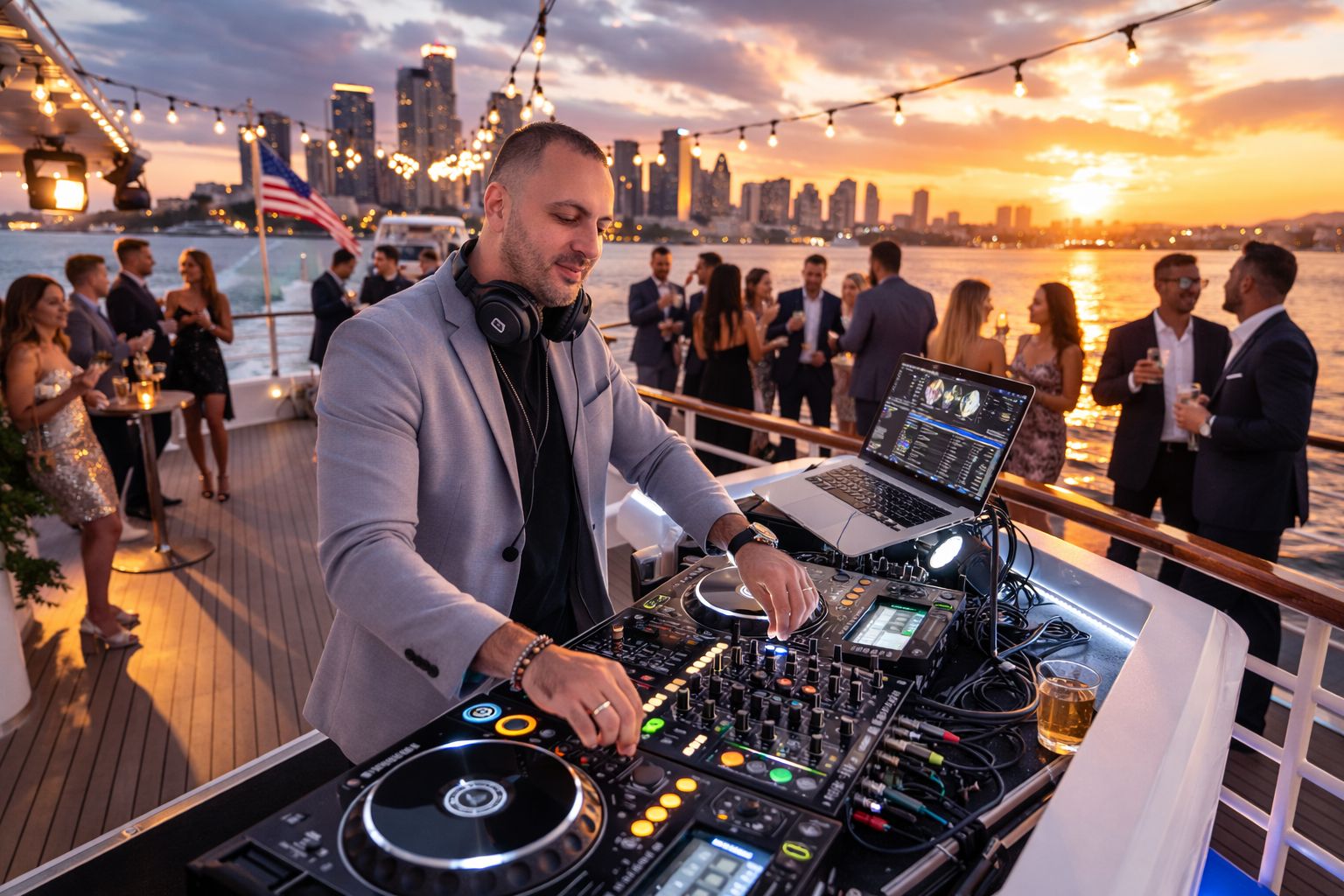 DJ Franky Flow performing at sunset on a boat, mixing music with a DJ setup, surrounded by guests enjoying a vibrant party atmosphere in Los Angeles.