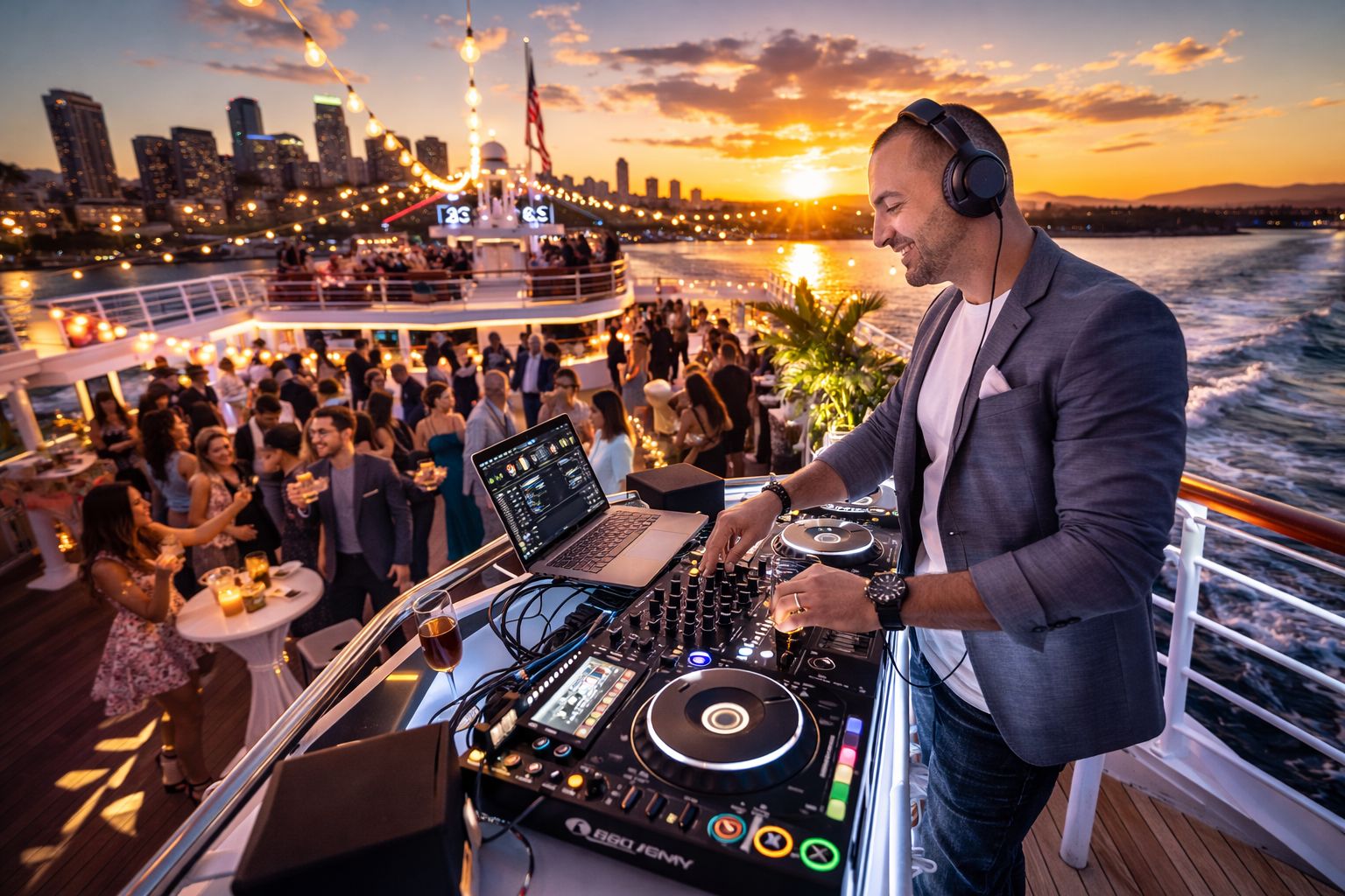 DJ Franky Flow performing at a sunset event on a boat, mixing music with a DJ setup, surrounded by guests enjoying drinks and dancing, showcasing high-energy atmosphere for weddings and celebrations.